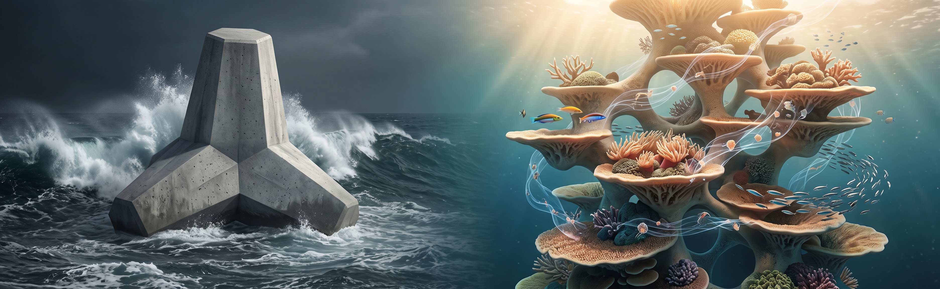 A concrete breakwater transitioning into a modular coral reef