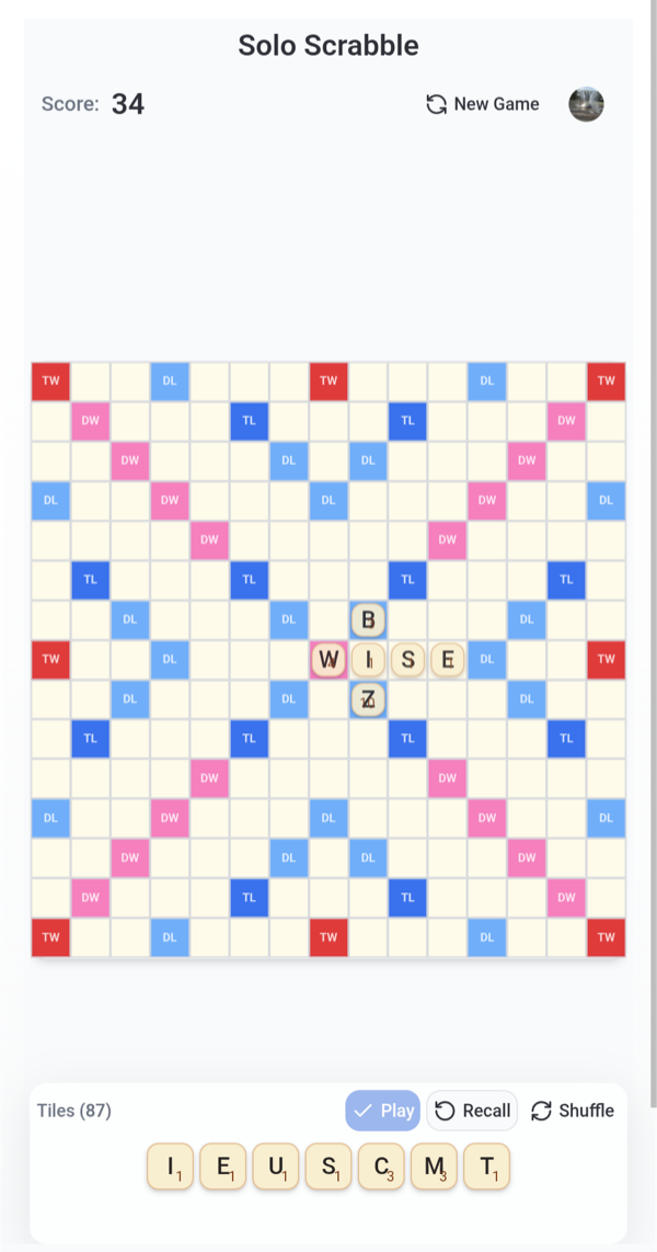 Solo Scrabble game board